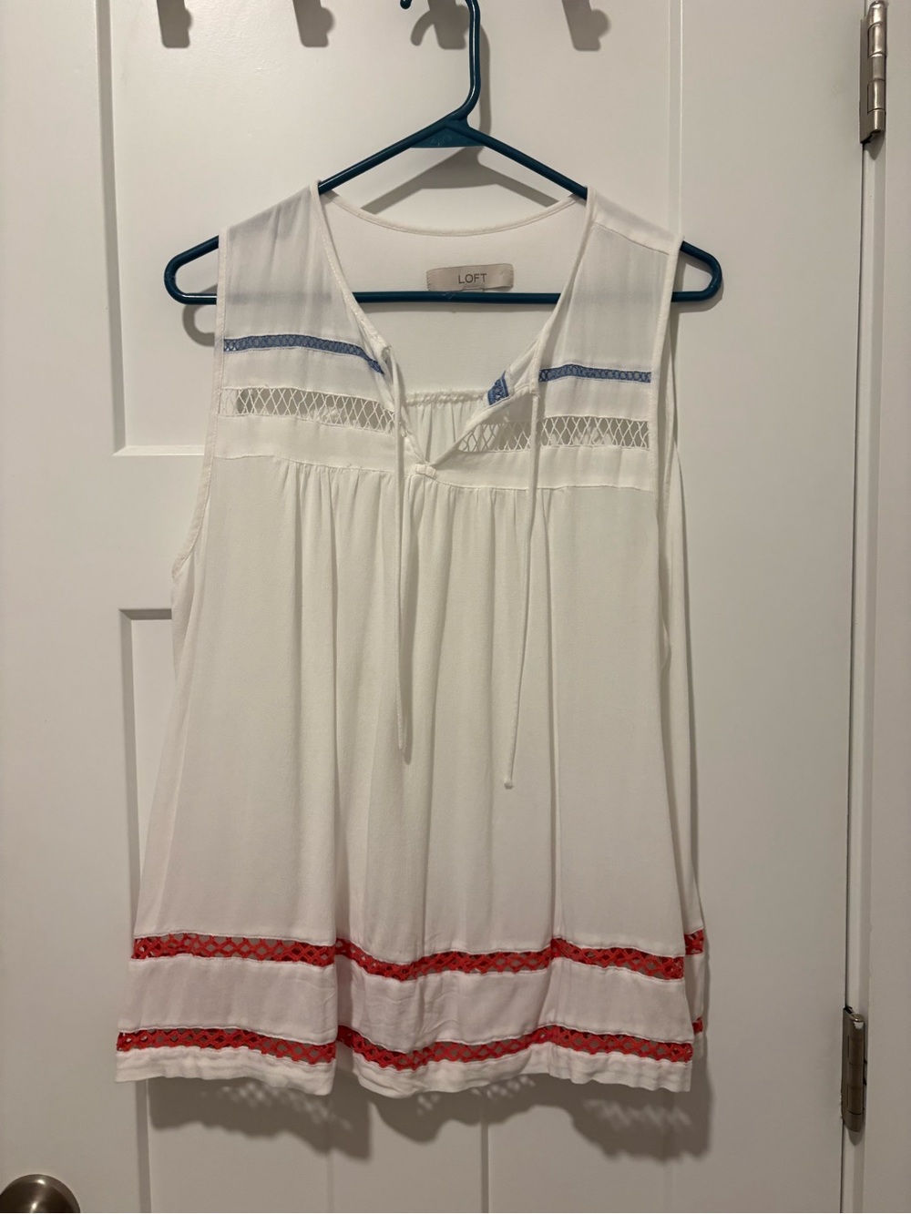 LOFT White Sleeveless Top with Blue Embroidery